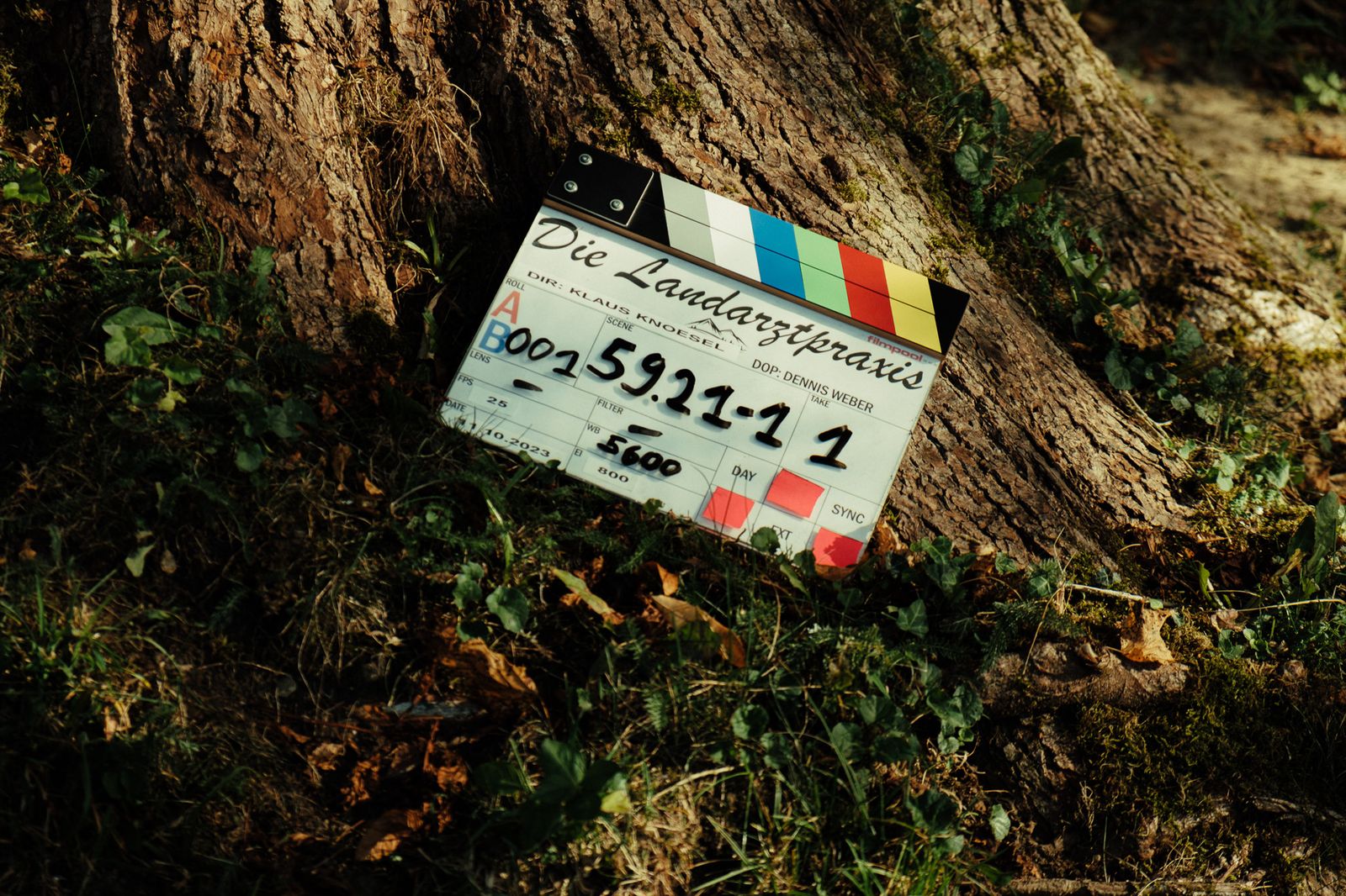 filmklappe „die landarztpraxis“ am baumstamm